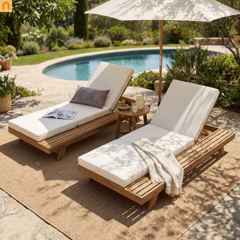 Chaise Lounge Acacia Wood Light Brown Cream Cushion 4 Position 79in