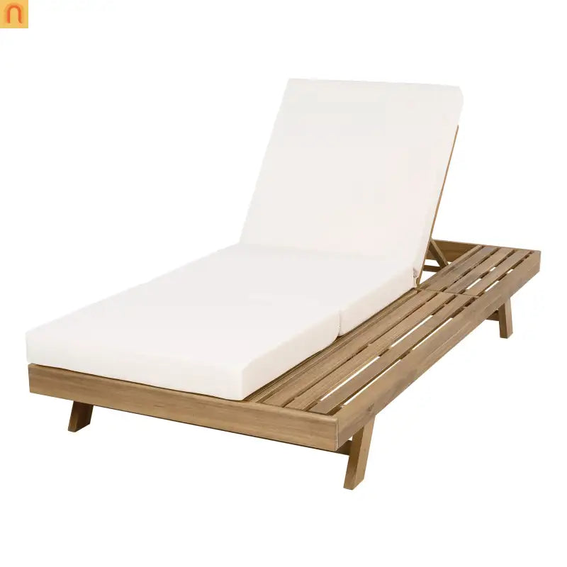 Chaise Lounge Acacia Wood Light Brown Cream Cushion 4 Position 79in