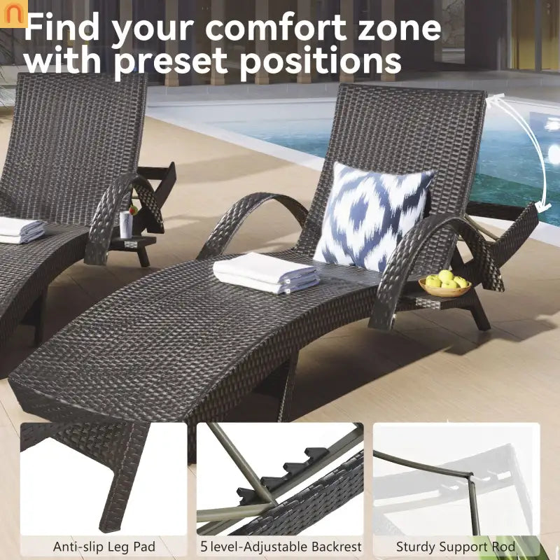 Wicker Chaise Lounge Dark Brown 5 Position Pull-Out Table