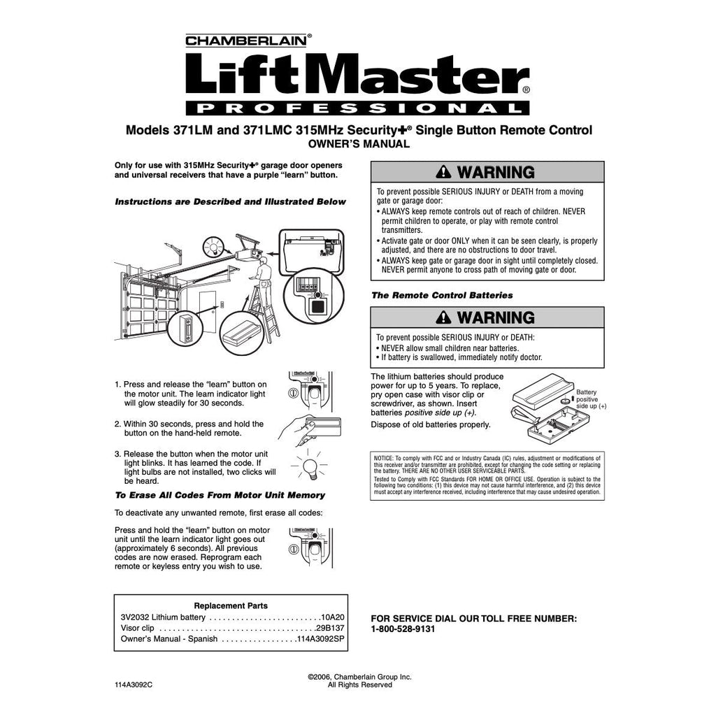 Substitute for Chamberlain 950D 1-Button 315 Mhz Visor Garage Door Opener Remote Control [971LM]