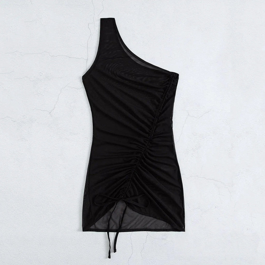 Mandotos Chic Black Mesh One Shoulder Beach Cover Up With Sheer Panels For Swimwear