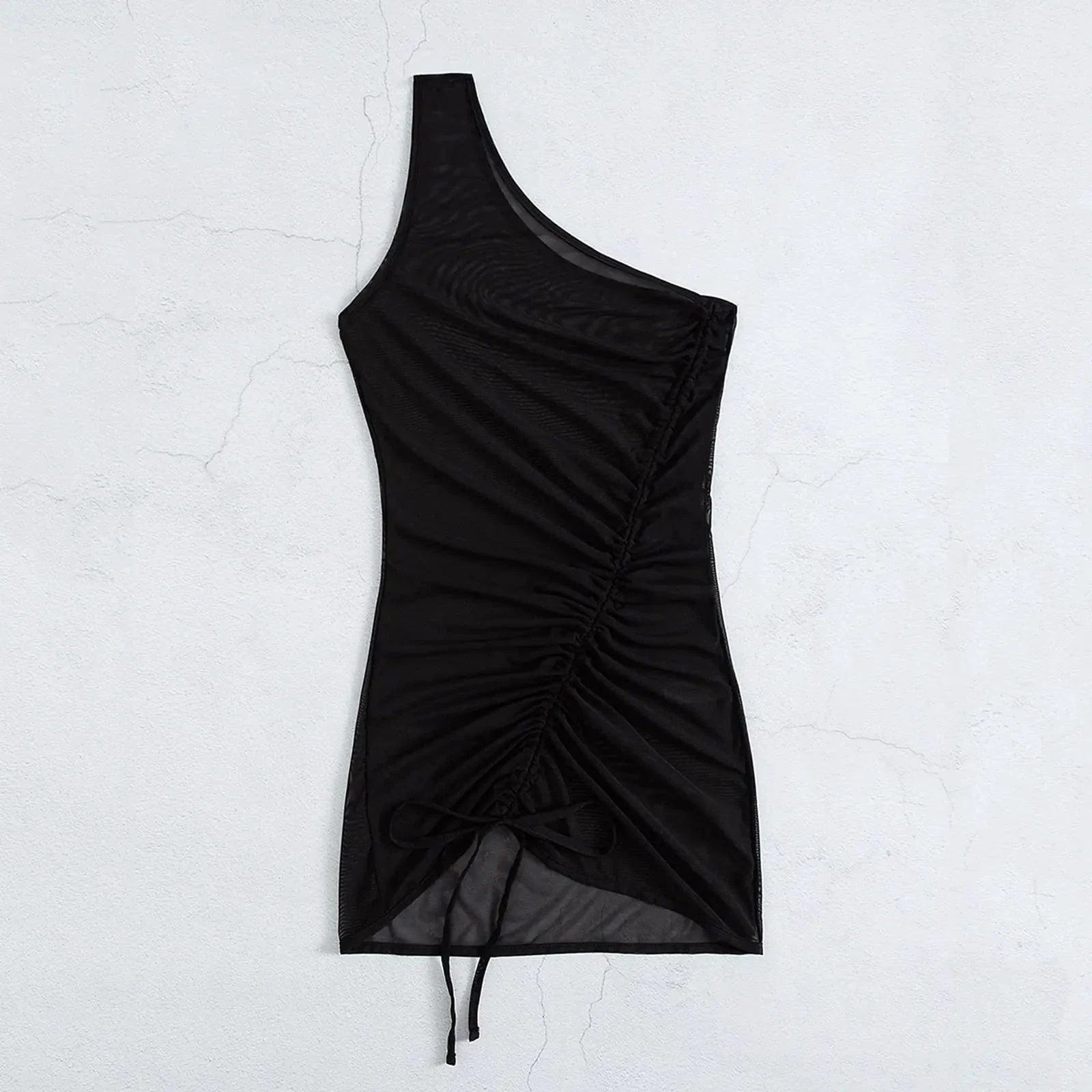 Mandotos Chic Black Mesh One Shoulder Beach Cover Up With Sheer Panels For Swimwear