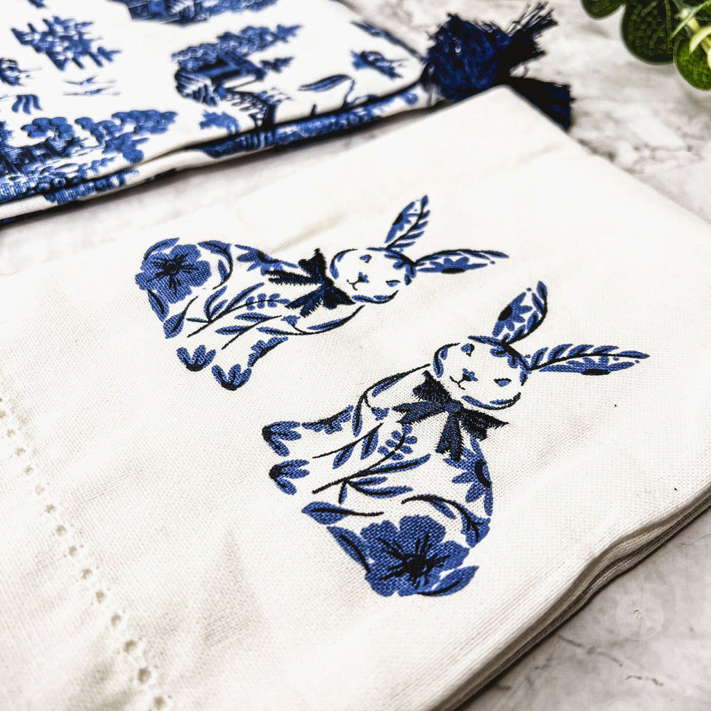 Chinoiserie Bunny Embroidered Cotton Dish Towels Oversized Tassel 17x29