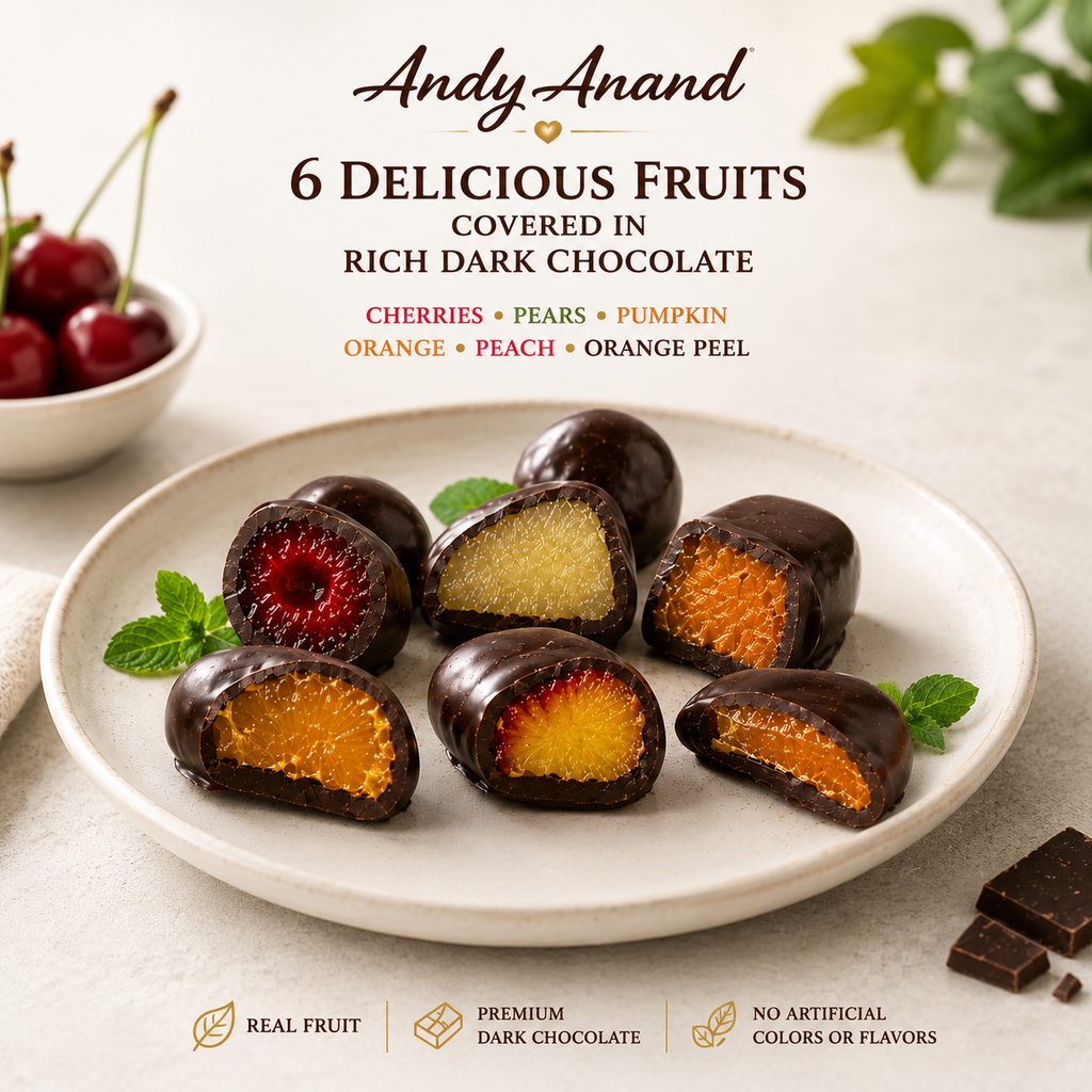 ANDY ANAND Chocolate Covered Fruits Collection Gift Box, 20 Pieces – Cherry, Pear, Pumpkin, Orange, Peach &amp; Orange Peel Covered in Premium Dark Chocolate, Gourmet Fruit Candy Assortment, California Made, Gift Ready