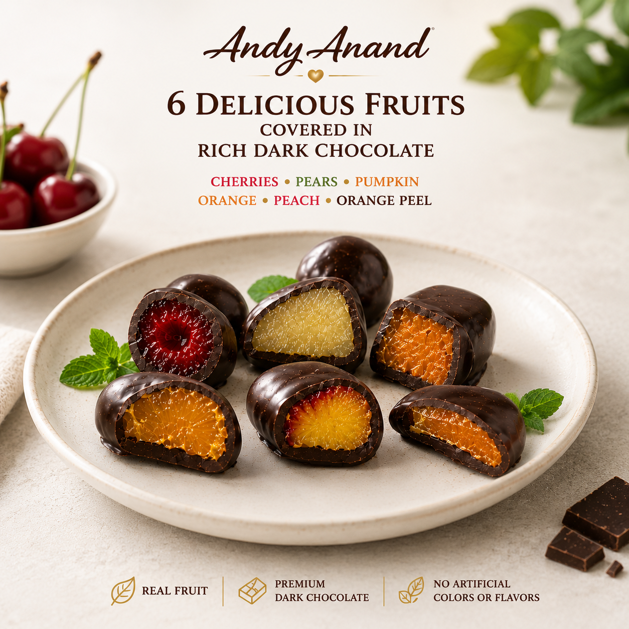 ANDY ANAND Chocolate Covered Fruits Collection Gift Box, 20 Pieces – Cherry, Pear, Pumpkin, Orange, Peach &amp; Orange Peel Covered in Premium Dark Chocolate, Gourmet Fruit Candy Assortment, California Made, Gift Ready