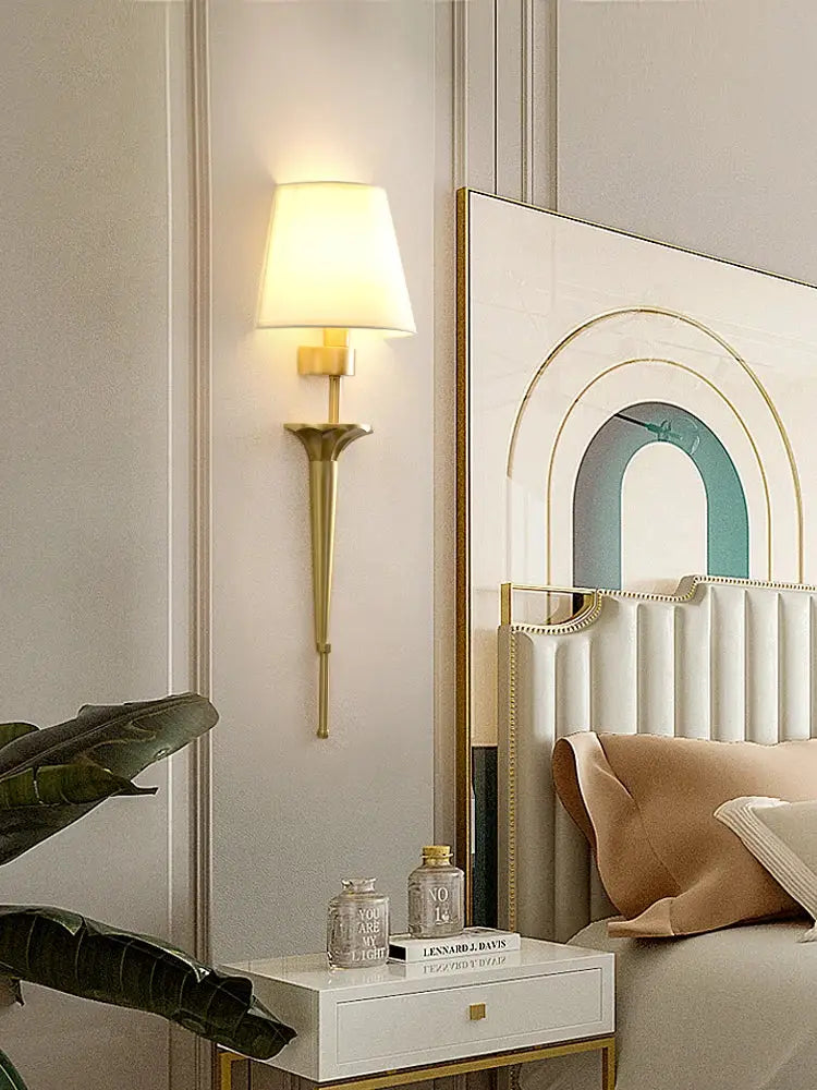 Classic gold fluted wall lamp bedroom sconce with fabric shade