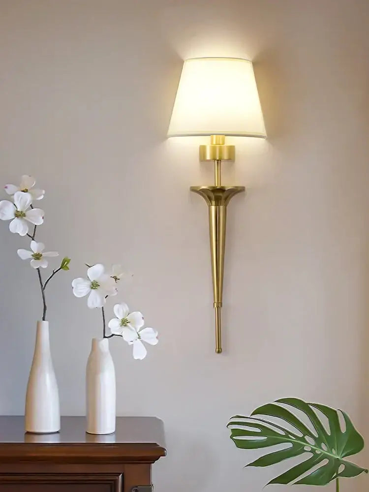 Classic gold fluted wall lamp bedroom sconce with fabric shade