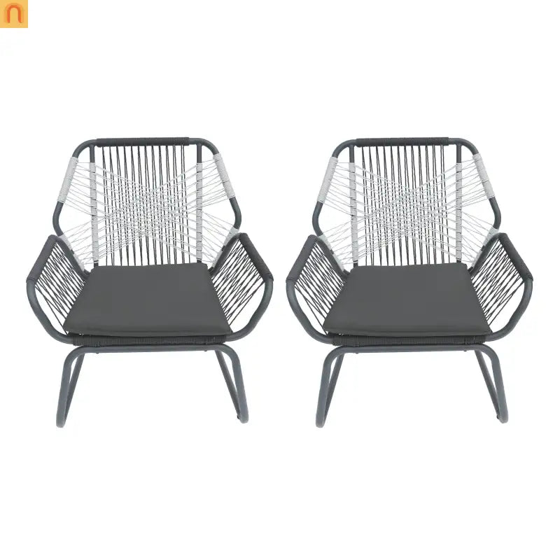 Outdoor Club Chair Woven Rope Gray Steel Frame Water Resistant Cushion