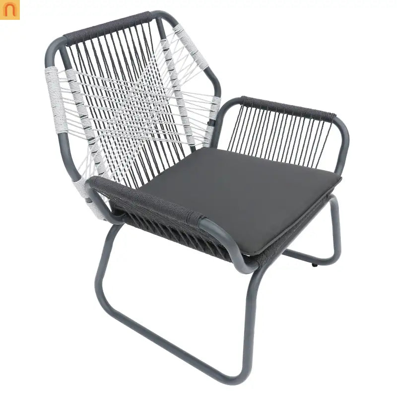 Outdoor Club Chair Woven Rope Gray Steel Frame Water Resistant Cushion