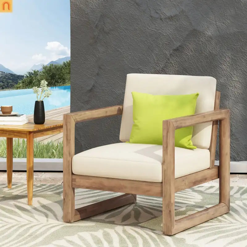 Outdoor Club Chair Acacia Wood Brown Beige Cushion Deep Seat 27.5in