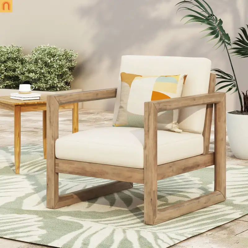 Outdoor Club Chair Acacia Wood Brown Beige Cushion Deep Seat 27.5in