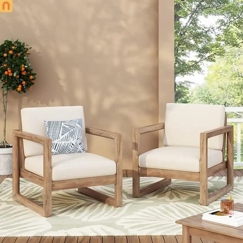 Outdoor Club Chair Acacia Wood Brown Beige Cushion Deep Seat 27.5in