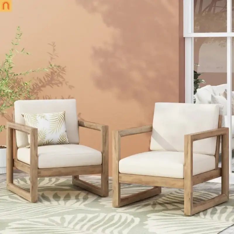 Outdoor Club Chair Acacia Wood Brown Beige Cushion Deep Seat 27.5in
