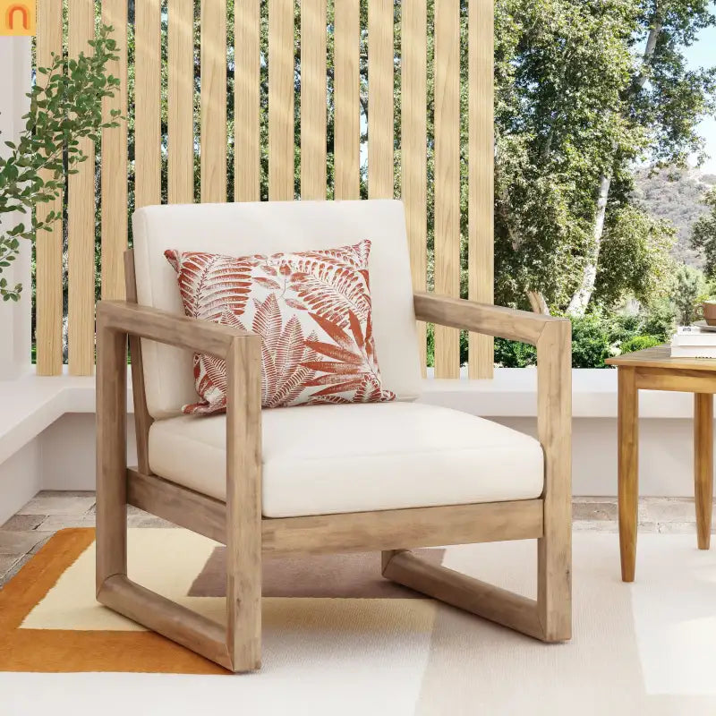 Outdoor Club Chair Acacia Wood Brown Beige Cushion Deep Seat 27.5in