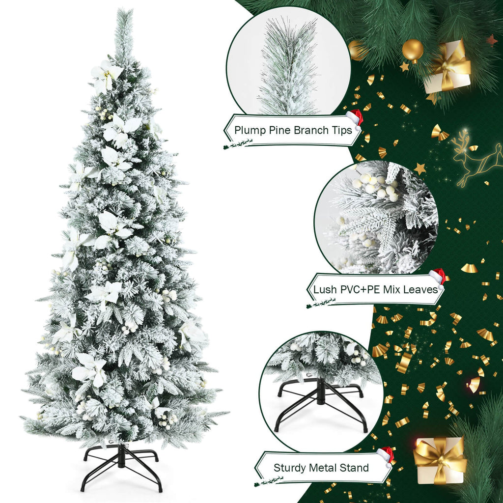 Snow Flocked Christmas Pencil Tree with Berries and Poinsettia Flowers