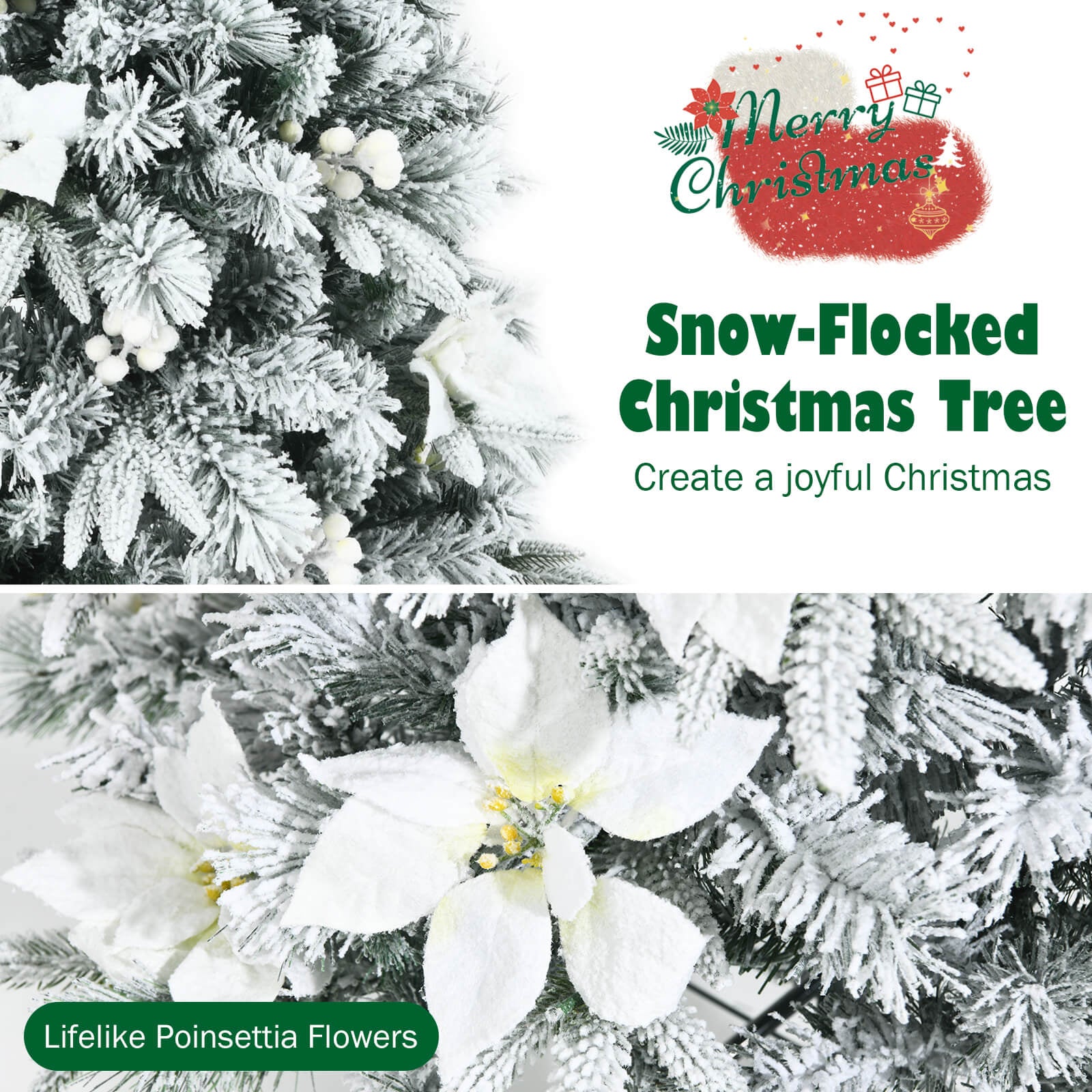 Snow Flocked Christmas Pencil Tree with Berries and Poinsettia Flowers