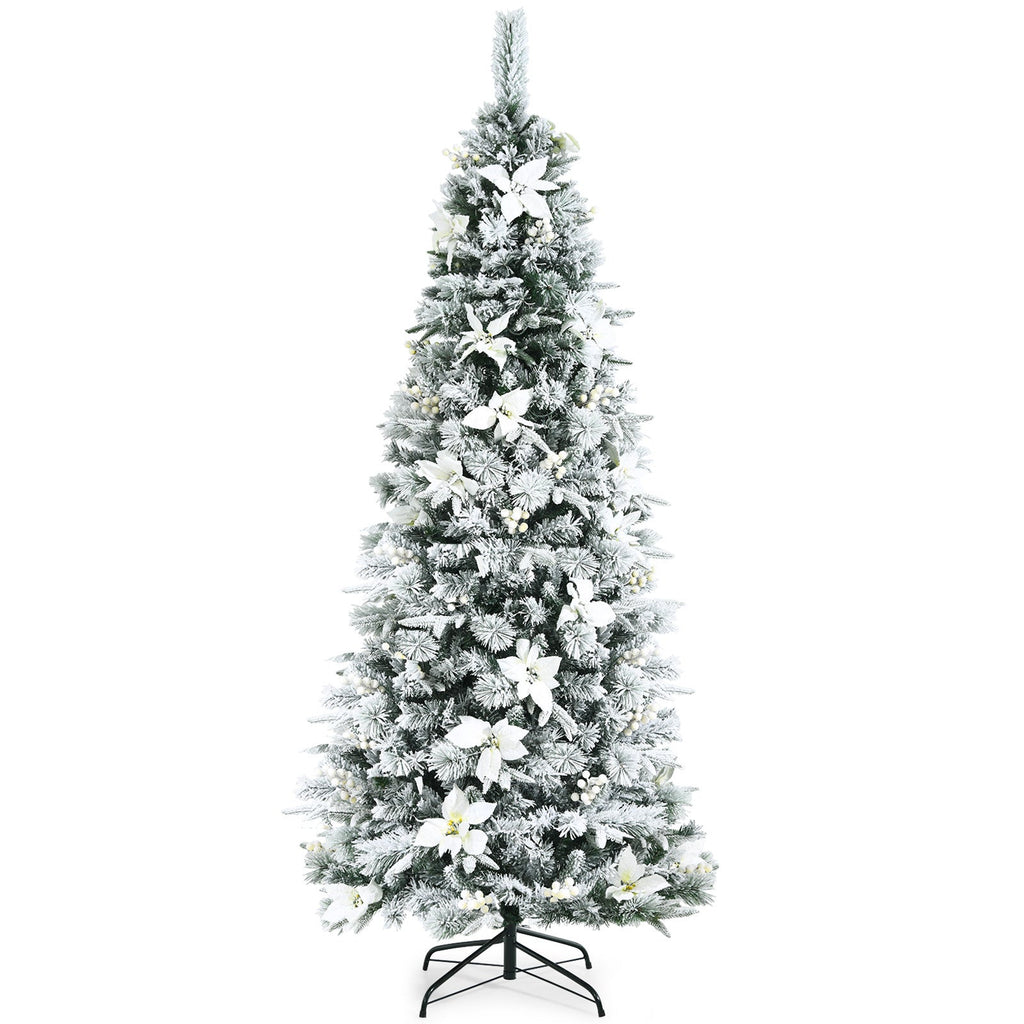 Snow Flocked Christmas Pencil Tree with Berries and Poinsettia Flowers