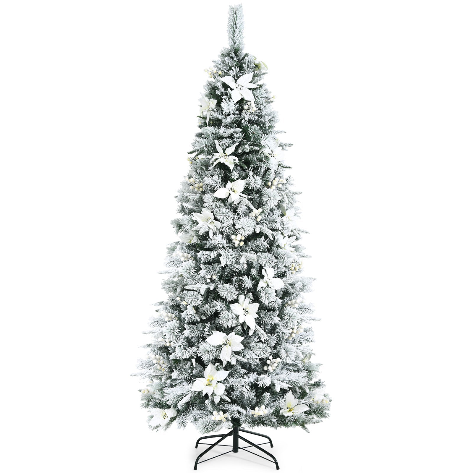 Snow Flocked Christmas Pencil Tree with Berries and Poinsettia Flowers