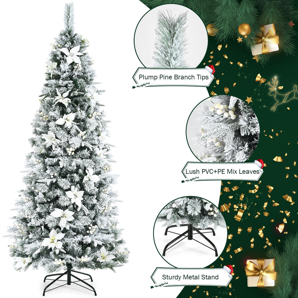 Snow Flocked Christmas Pencil Tree with Berries and Poinsettia Flowers