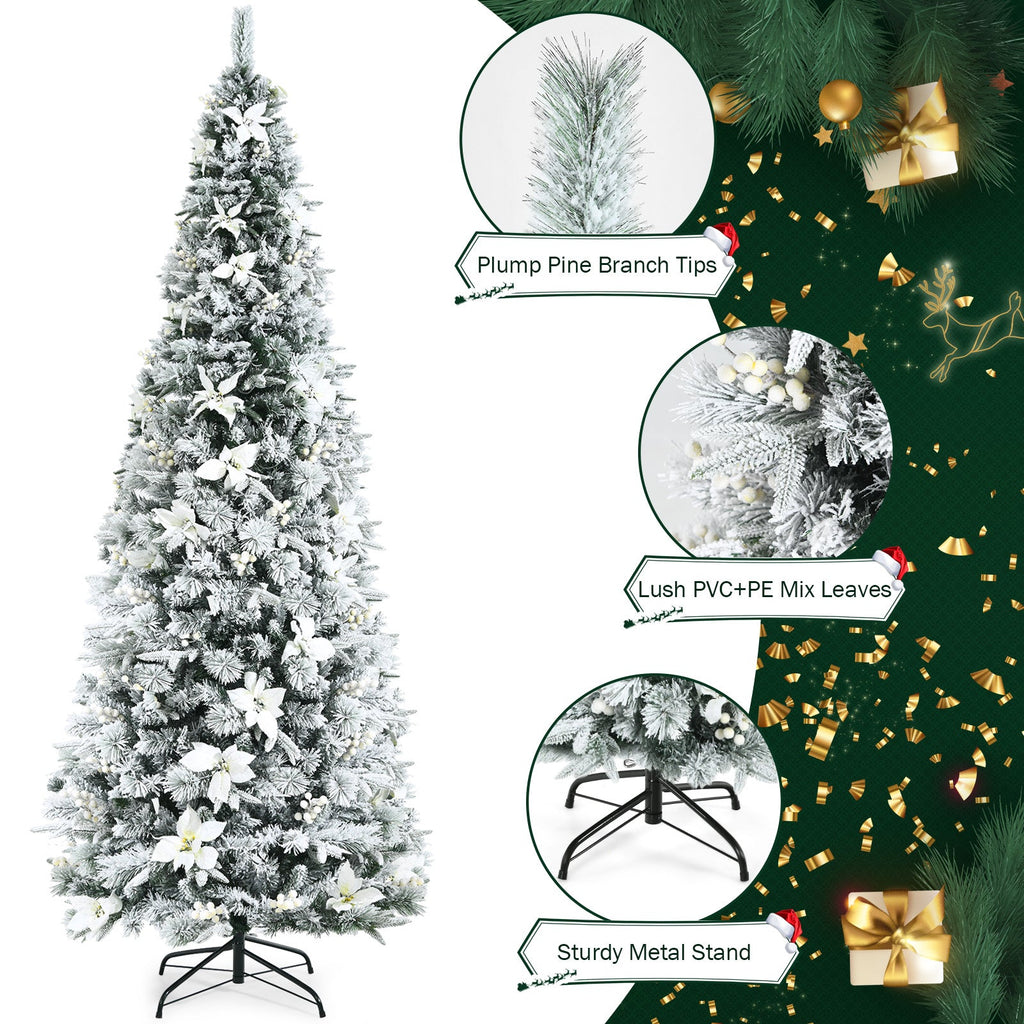 Snow Flocked Christmas Pencil Tree with Berries and Poinsettia Flowers