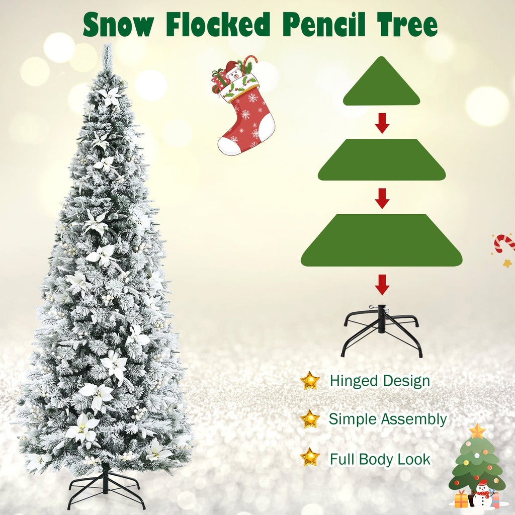 Snow Flocked Christmas Pencil Tree with Berries and Poinsettia Flowers