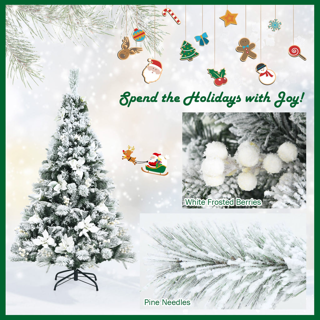 Snow Flocked Christmas Pencil Tree with Berries and Poinsettia Flowers