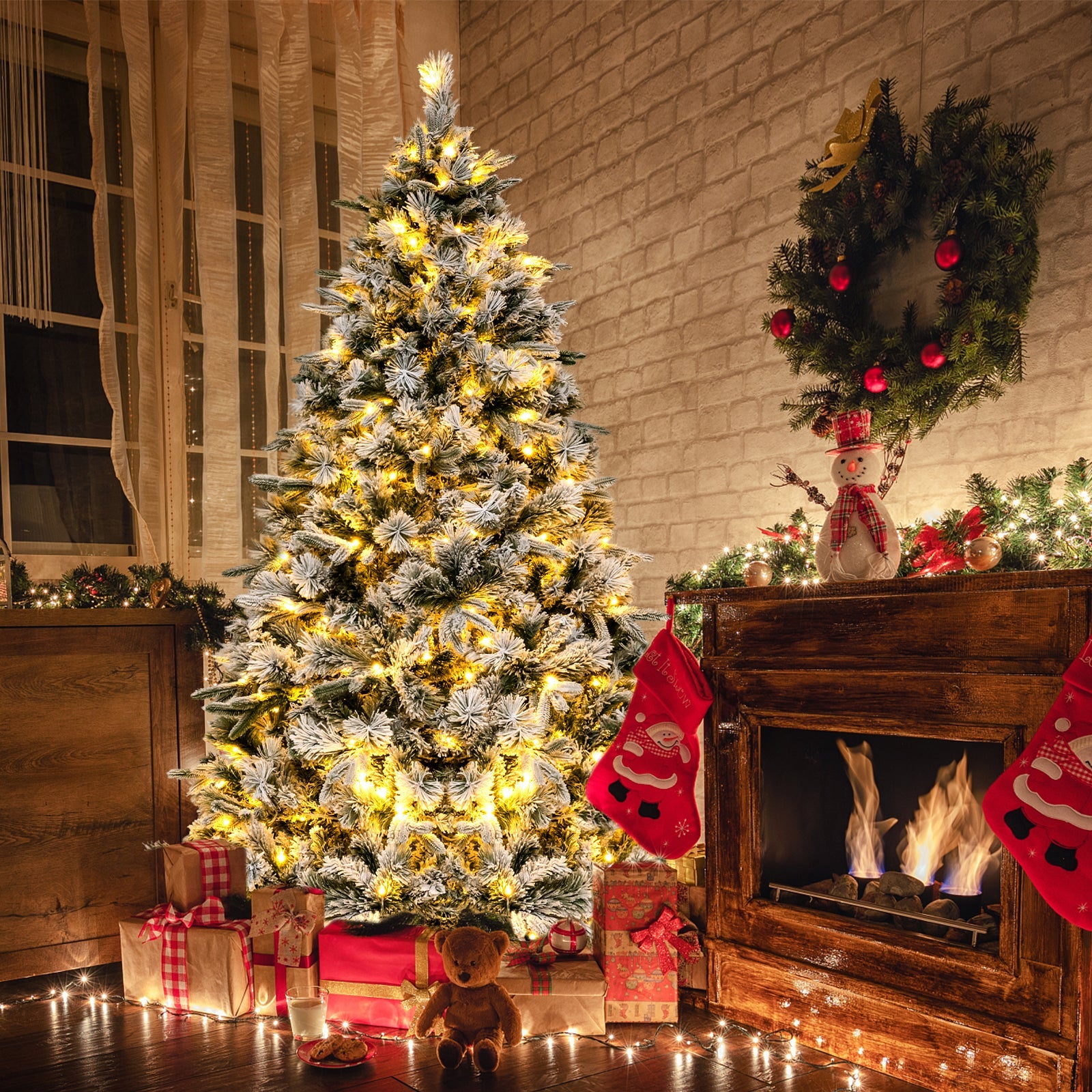 Flocked Christmas Tree with 250 Warm White LED Lights and 752 Mixed Branch Tips