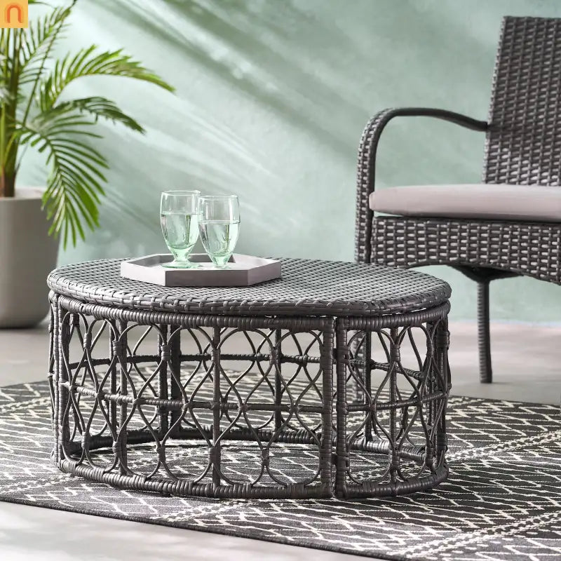 Outdoor Coffee Table Rectangular Rattan Gray 32.5x25in