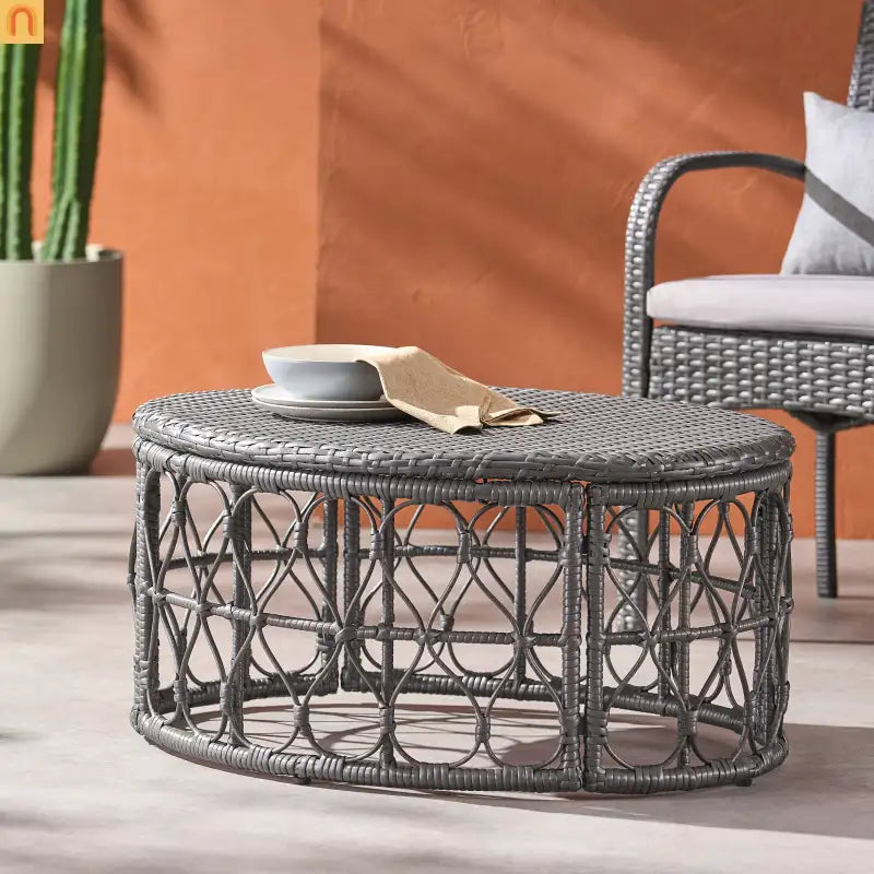 Outdoor Coffee Table Rectangular Rattan Gray 32.5x25in