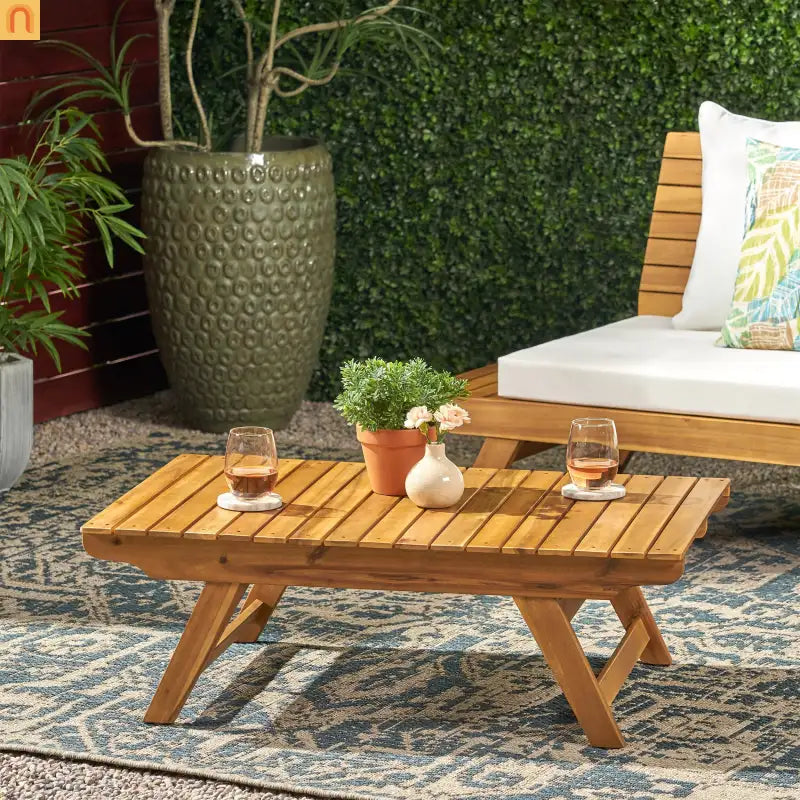 Outdoor Coffee Table Acacia Wood Teak Slat Panel 37L x 24W in
