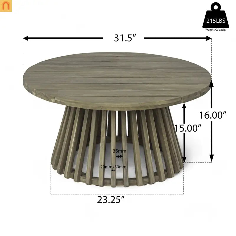 Outdoor Coffee Table Round Acacia Wood Gray 31.5in Dia 16in H 215 LB