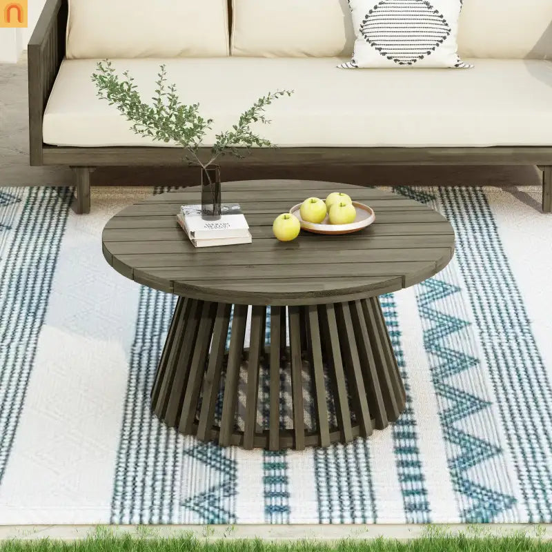 Outdoor Coffee Table Round Acacia Wood Gray 31.5in Dia 16in H 215 LB