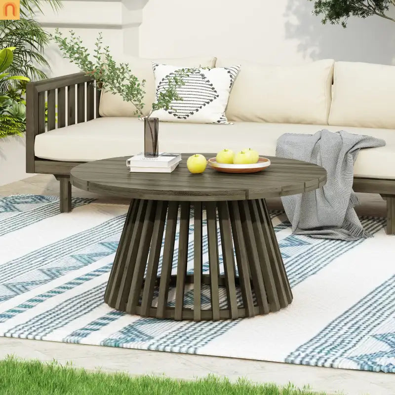Outdoor Coffee Table Round Acacia Wood Gray 31.5in Dia 16in H 215 LB