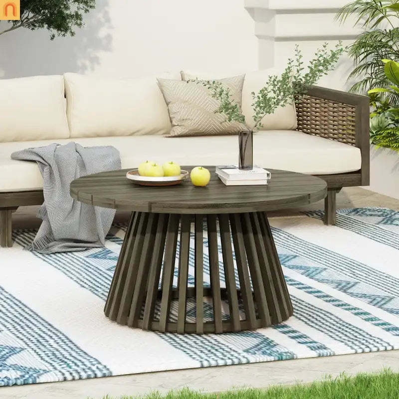 Outdoor Coffee Table Round Acacia Wood Gray 31.5in Dia 16in H 215 LB