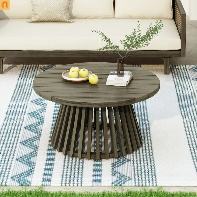 Outdoor Coffee Table Round Acacia Wood Gray 31.5in Dia 16in H 215 LB