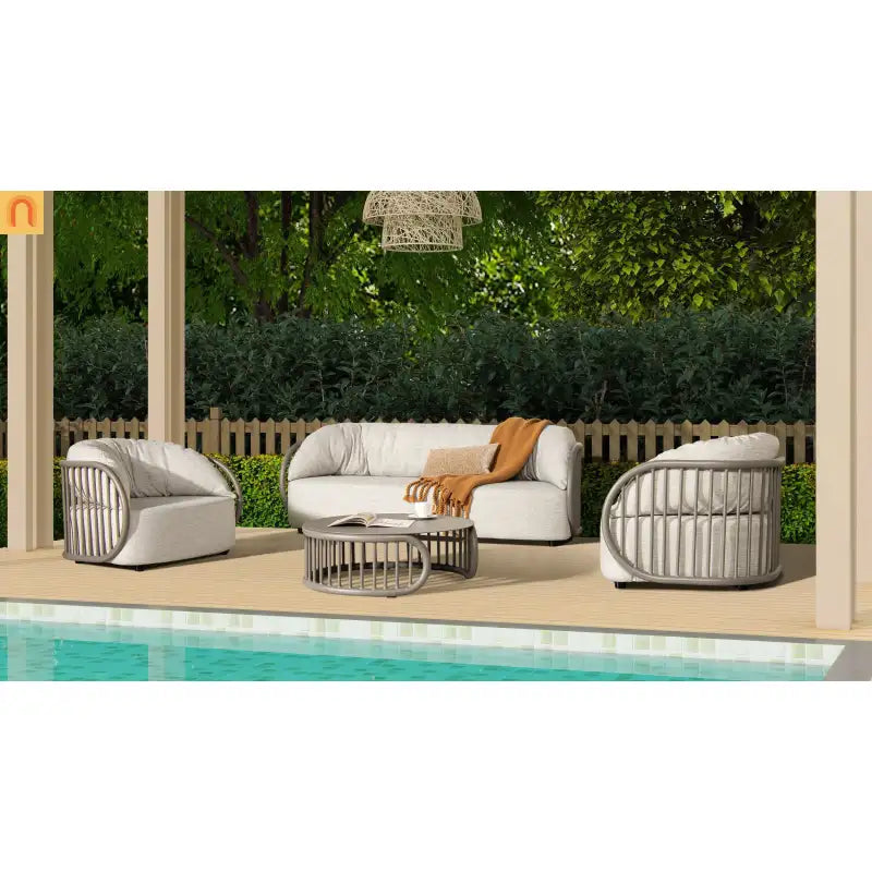 Outdoor Coffee Table Round Aluminum Taupe Modern 34.5in