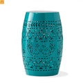 Outdoor Side Table Iron Teal Floral Lace Cut Drum 12.25x18in
