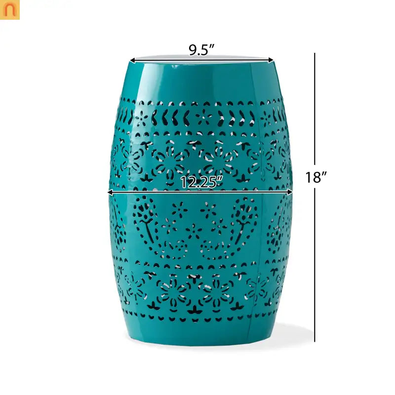 Outdoor Side Table Iron Teal Floral Lace Cut Drum 12.25x18in