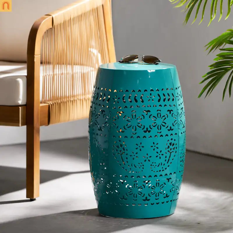 Outdoor Side Table Iron Teal Floral Lace Cut Drum 12.25x18in
