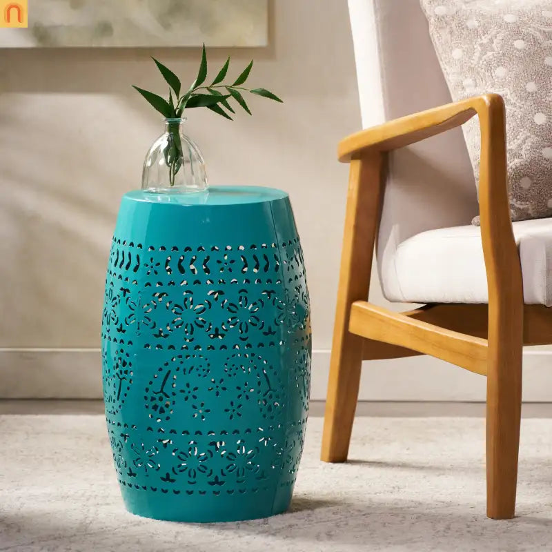 Outdoor Side Table Iron Teal Floral Lace Cut Drum 12.25x18in