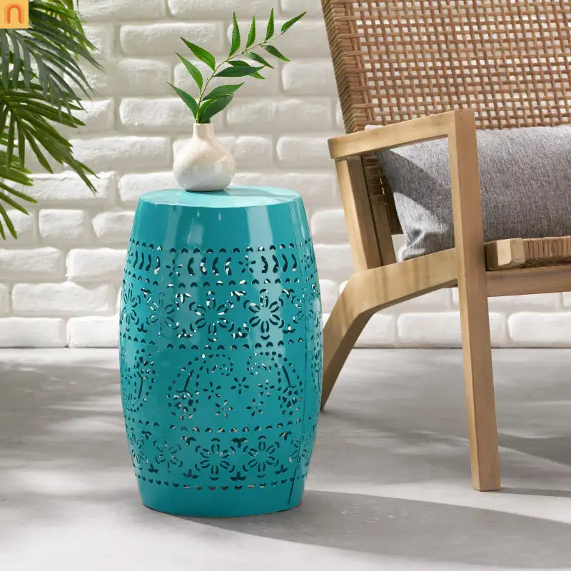 Outdoor Side Table Iron Teal Floral Lace Cut Drum 12.25x18in