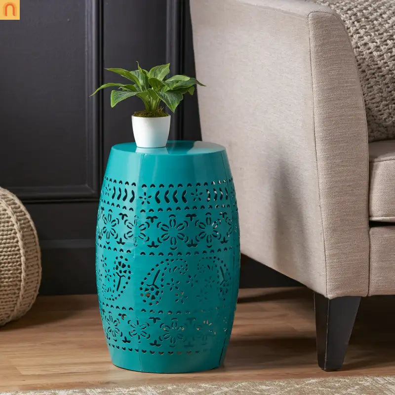 Outdoor Side Table Iron Teal Floral Lace Cut Drum 12.25x18in