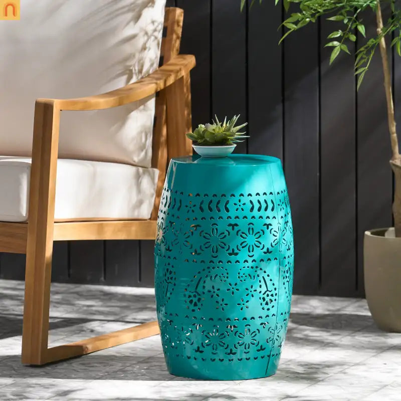 Outdoor Side Table Iron Teal Floral Lace Cut Drum 12.25x18in