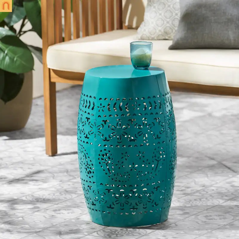 Outdoor Side Table Iron Teal Floral Lace Cut Drum 12.25x18in
