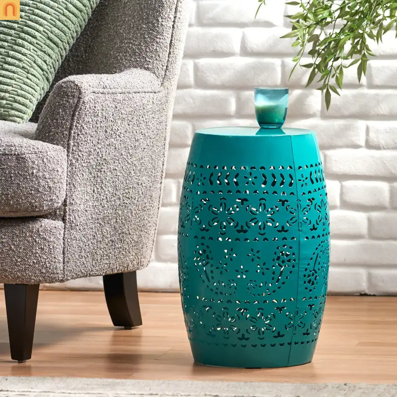 Outdoor Side Table Iron Teal Floral Lace Cut Drum 12.25x18in