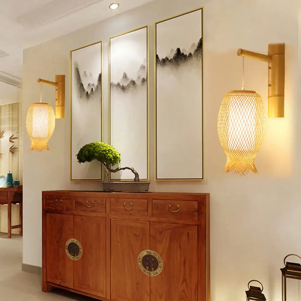 DecorBites™ Contemporary Bamboo Wall Sconce Light with Inner White Cylinder Shade