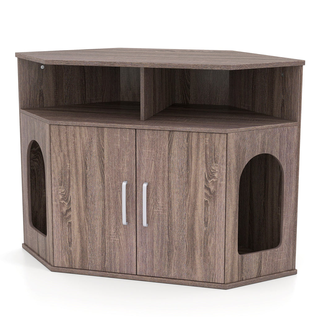 Corner Cat Litter Box Enclosure with Storage Shelves and Double Doors-Gray