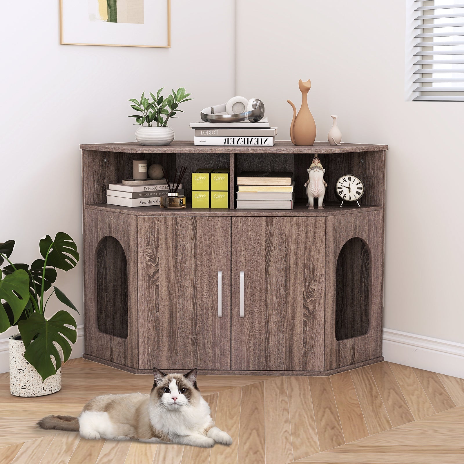 Corner Cat Litter Box Enclosure with Storage Shelves and Double Doors-Gray
