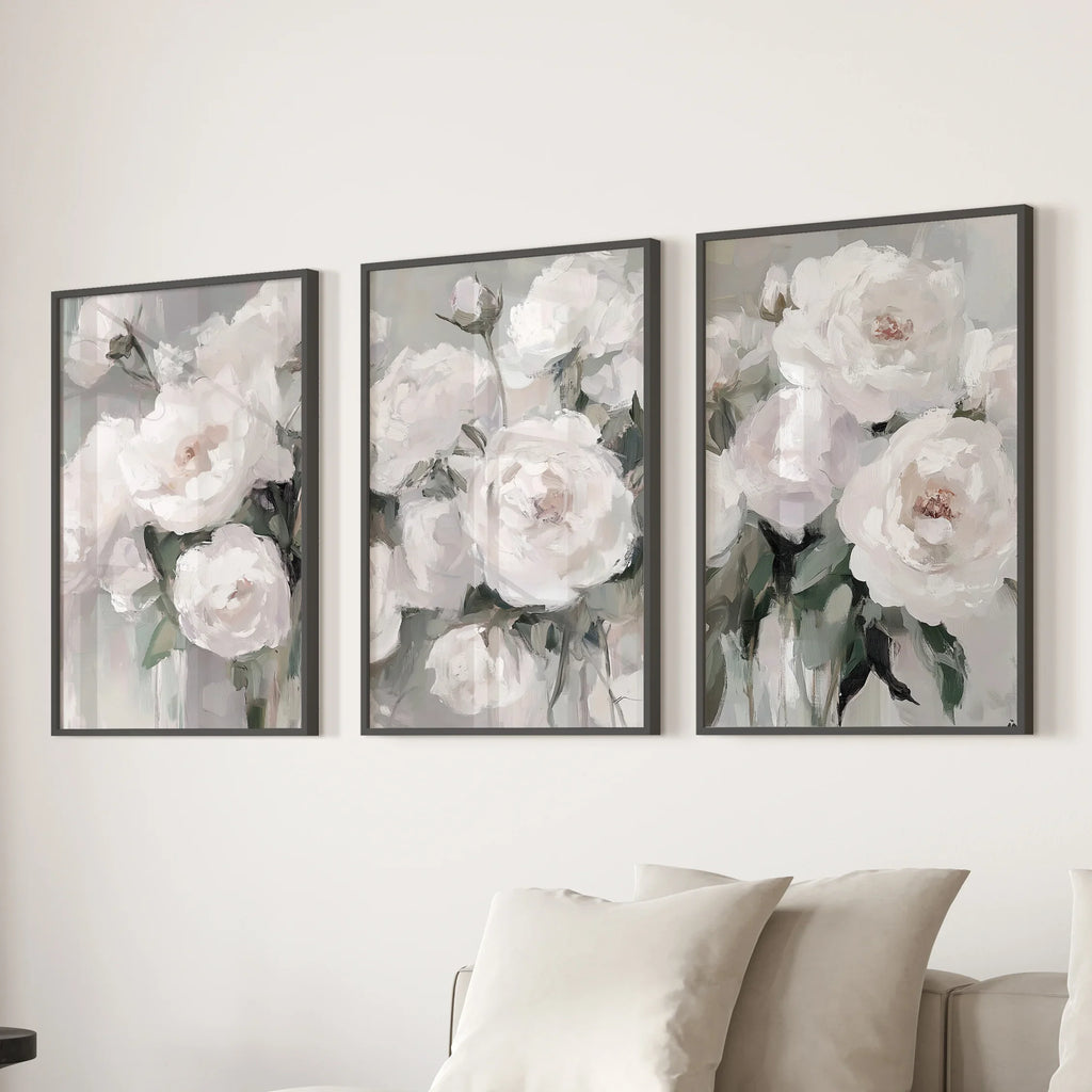 Romantic White Flower 3 Piece Wall Art. Peony Painting Print