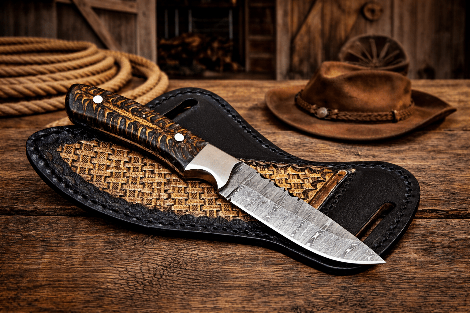 Cowboy Hunting Sheath Knife – 4" Damascus Steel Pinecone Handle